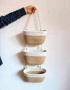 3-Tier Decorative Cotton Rope Hanging Basket, Wall-Mounted Woven Storage Organizer Bag, White + Jute