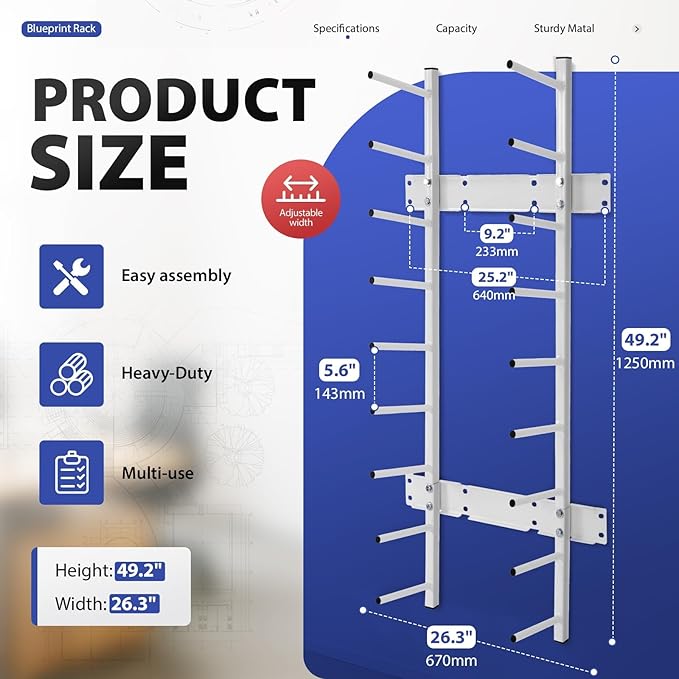 Wall Mount Blueprint Storage Rack Hanging File Roll Poster Display Rack Heavy Duty Roll File Holder for Construction Plan Posters Vinyl RollsHigh Map Capacity 320 lbs