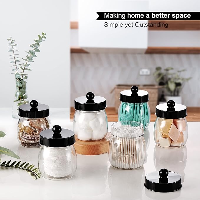 SheeChung 3 Pack Qtip Holder Bathroom Jar Set, Apothecary Mason Jar for Bathroom Vanity Home Storage Organizer, Plastic Acrylic Qtip Dispenser for Cotton Swab, Floss Pick, Farmhouse/Home Decor (Black)