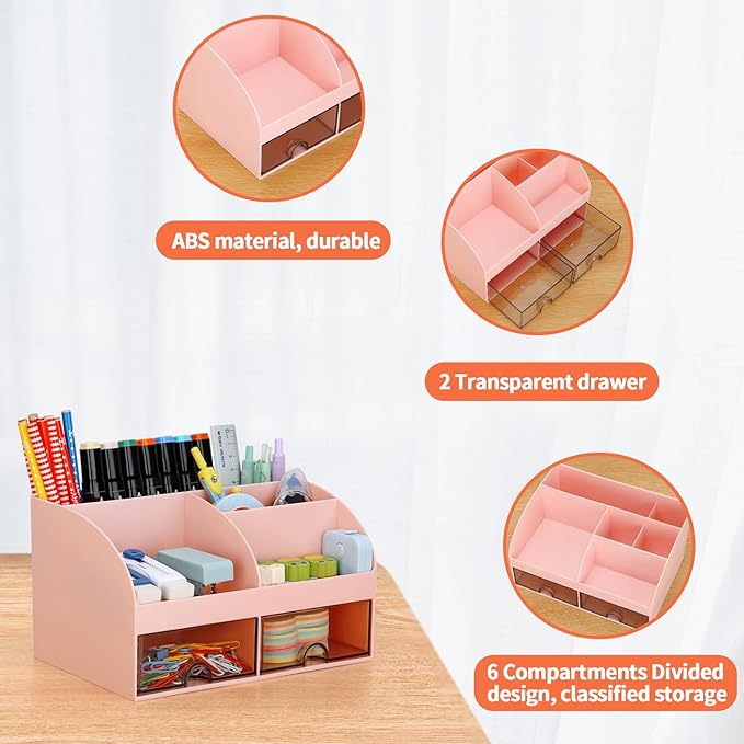 Office Desk Organizer with Drawers for Desktop/Tabletop/Counter, Desk Top Accessories Stationary Organizer Desk Caddy, Pen/Pencil/Business Card/Sticky Note Tray/Paperclip Holder Storage Box (Pink)