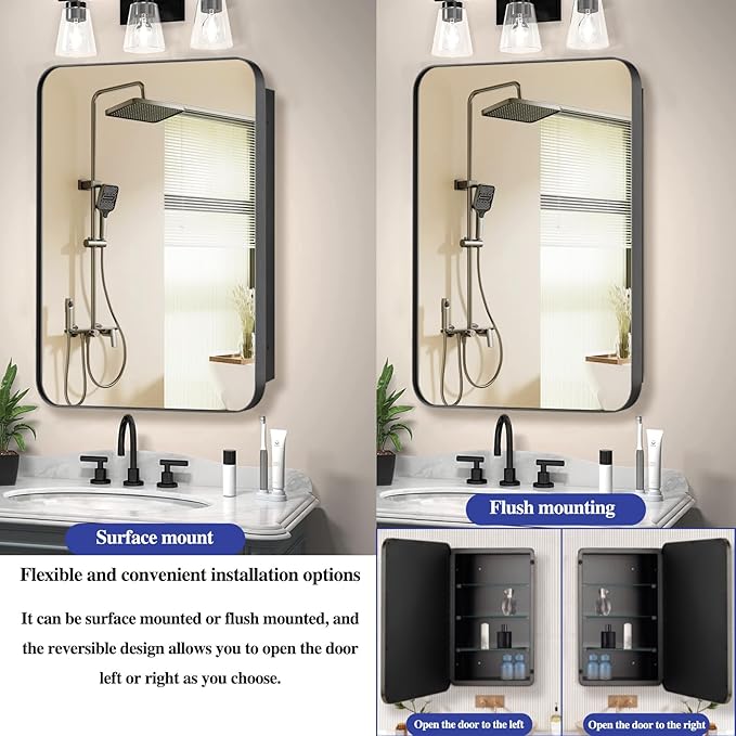 Bathroom Medicine Cabinet with 20"x30" Stainless Steel Framed Mirror,Recessed or Surface Mounted Bathroom Mirror Cabinet,Storage Cabinet for Bathrooms, Guest Rooms, Apartments, Farmhouse Decor