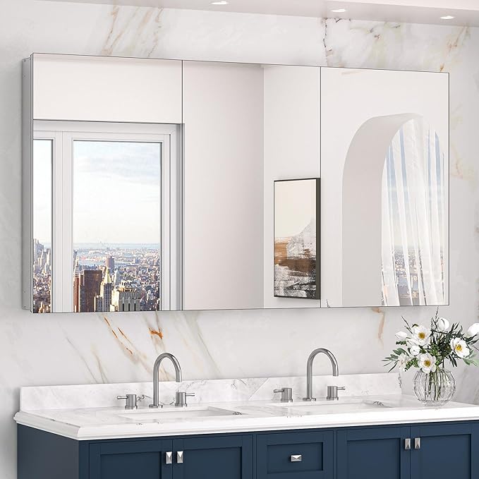 Keonjinn 60 x 32 Inch Medicine Cabinet, Assembly Required, Silver Bathroom Medicine Cabinets Mirror, Lightweight, Adjustable Shelves, Surface Mount or Recessed, Tempered Glass