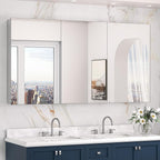 Keonjinn 60 x 32 Inch Medicine Cabinet, Assembly Required, Silver Bathroom Medicine Cabinets Mirror, Lightweight, Adjustable Shelves, Surface Mount or Recessed, Tempered Glass