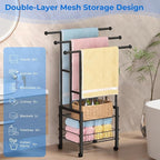 Kayfia 42.7" H Standing Towel Racks for Bathroom with Wheels, Upgraded Large Size 3 Tier Metal Blanket Rack Stand with Shelf and Basket, Storage for Oversized Bath Towels Bathroom Pool Accessories