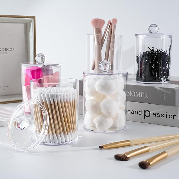 4 Pack Qtip Holder,Canister Apothecary Jar Set, Bathroom Jars with Lids Set for Cotton Swabs, Balls, Pads, Floss Picks,10oz-12oz Plastic Canisters Restroom Bedroom Vanity Organizer