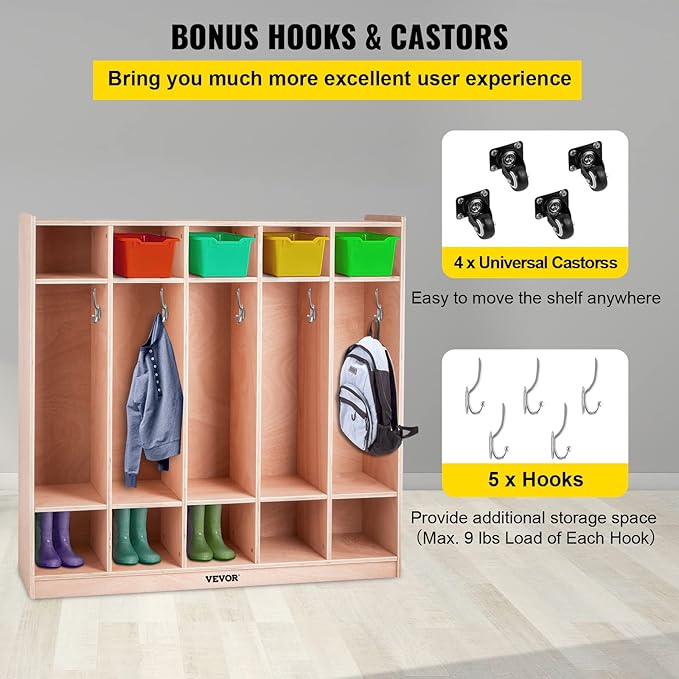 VEVOR Wooden Storage Cabinet, 5-Section Storage Locker with 10 Cubbies Shelf, Multi-Compartment Cubby Shelf with 5 Hooks for School, Classroom, Daycare, Home and Preschool