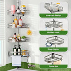 HAMITOR Shower Caddy Tension Pole：4-Tier Rustproof Bathroom Corner Shelf for Renters - 47-121inches Adjustable Bathtub Organizer with Soap Holder-large capacity rack for Shampoo Storage Home Accessory