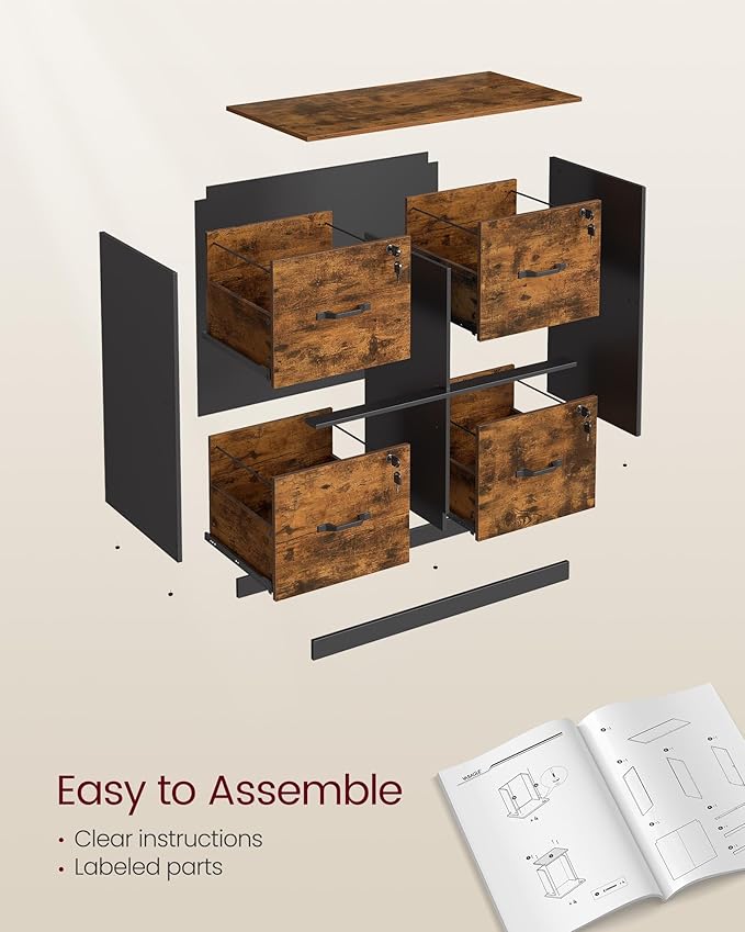 VASAGLE 4 Drawer File Cabinet with Lock, Printer Stand, Office Filing Cabinet Organizer, for A4 and Letter Size Documents, Rustic Brown and Black UOFC062B01