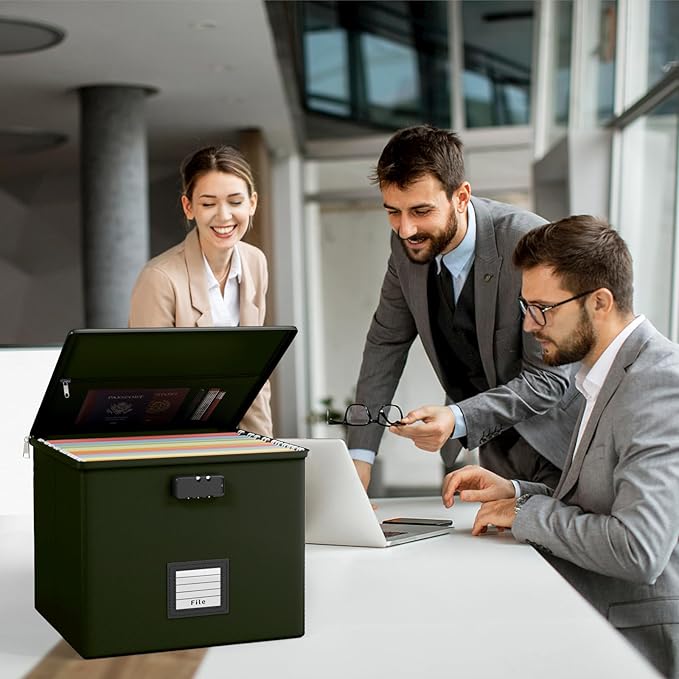 Army Green Fire Proof File Box for Documents - Portable Fireproof Document Organizer Box with Handle Waterproof Safe Locking Folder Storage with Lid