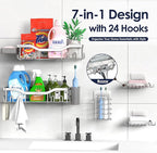 Shower Caddy Adhesive Shower Organizer 7-Pack, Rustproof Stainless Steel Bathroom Shelves, Large Capacity No-Drill Rack Storage Accessories with Soap Dish Toothbrush Holder Hooks