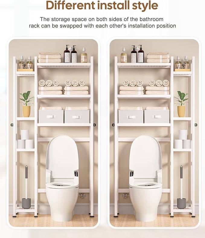 Homde Over The Toilet Storage with Basket and Drawer, Bamboo Bathroom Organizer with Adjustable Shelf & Waterproof Feet Pad, Space Saver Rack for Restroom, Laundry,White