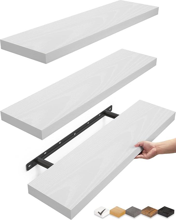 BAYKA White Floating Shelves for Wall, 22.5 inches Wall Mounted Rustic Wood Shelves for Bathroom, Bedroom, Living Room, Hanging Shelf for Books/Storage/Decor/Display (Set of 3)