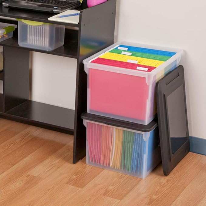 Sterilite File Box, Stackable Storage Bin with Lid, Organize Receipts, Bills, Taxes and Papers in the Home, Office, Clear Base with Black Lid, 12-Pack