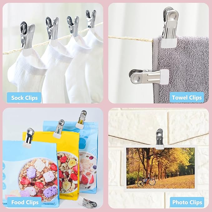 Clothes Pins for Hanging Clothes, 32 Pack White Stainless Steel Clothespins for Laundry, Heavy Duty Clothing Pins for Clothes Line, Metal Clips for Clothes, Socks, Towel, Snack, Photo