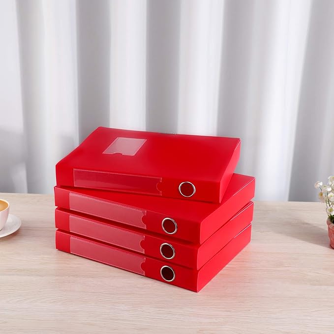 HUA JIE A4 Storage File Boxes Plastic Archives Cases with Lid, File Folder Organizer Document Filing Box for office, Letter Size Paper,31×4×24 cm, Red(Pack of 4)