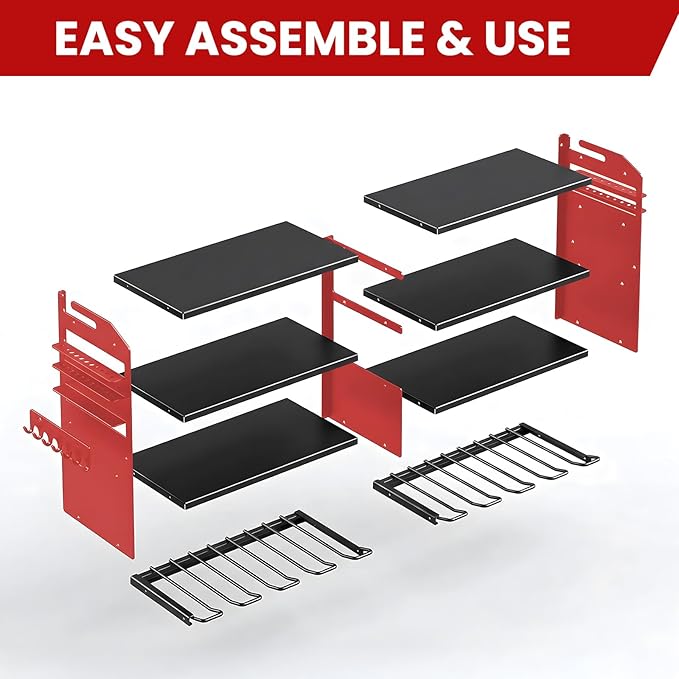 4-Tier Heavy Duty Power Tool Organizer, 600lbs Capacity Reinforced Steel Drill Rack with Side Accessory Mounting Studs, High-Visibility Wall Mount Storage, Red