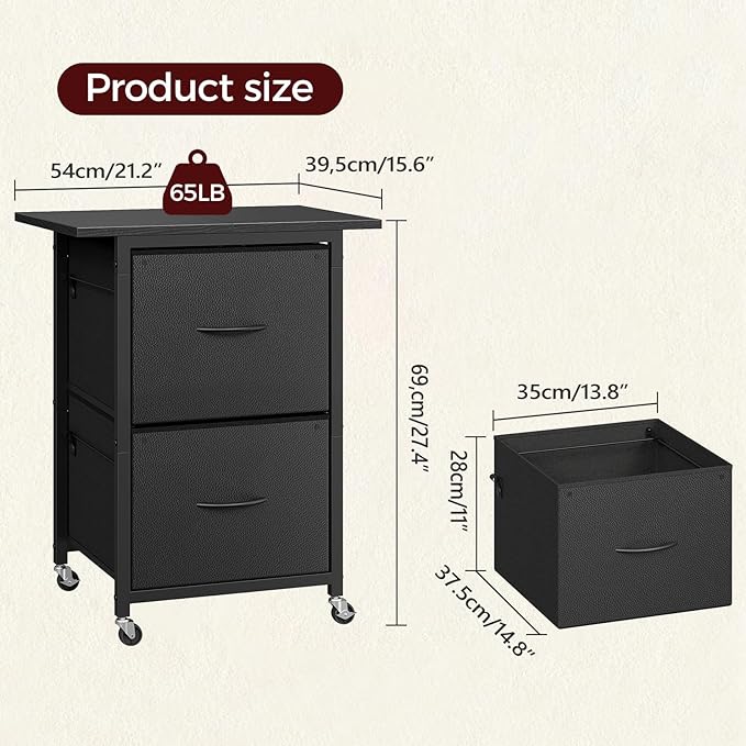 2 Drawer File Cabinet, Vertical Filing Cabinet with Wheels, Printer Stand with Non-Woven Fabric Drawer, Adjustable Hanging Rods, fits A4/Letter Size, for Home Office, Black FCBK5801