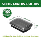 Meal Prep Containers, 50 Pack 12oz (100-Piece) Disposable Take Out Food Storage Containers with Leakproof Lids, Reusable Plastic To Go Lunch Boxes, BPA Free, Microwave/Dishwasher/Freezer Safe