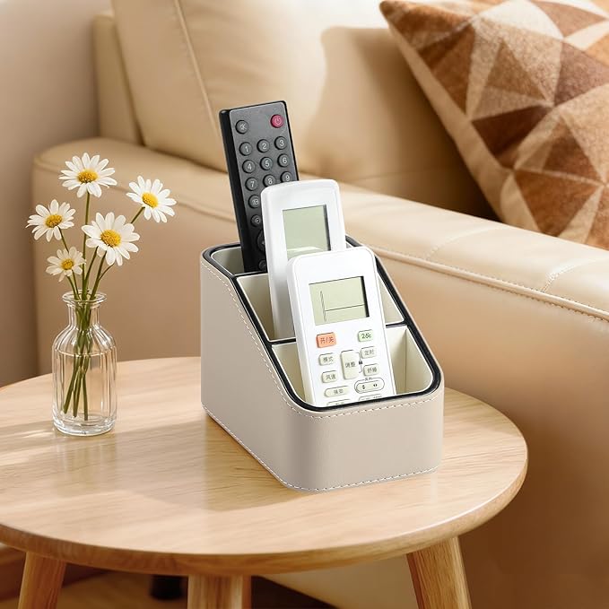 PU Leather Remote Control Holder, Small Desk Organizer Office Supply Bedside Caddy for Nightstand End Table Couch, Pen Remote Organizer with 3 Compartments (Beige)