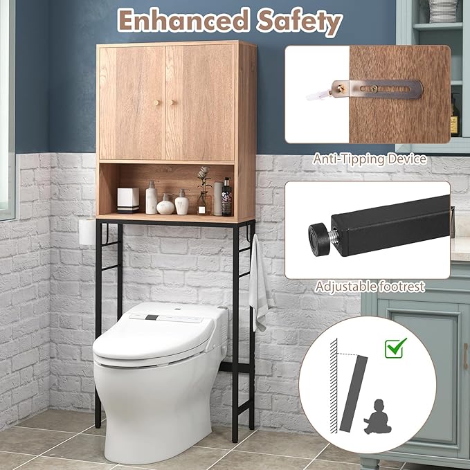 Tangkula Over The Toilet Storage Cabinet, Bathroom Space Saver Organizer with 2 Doors, Metal Stand, 2 Side Hooks, Freestanding Above Toilet Storage Cabinet for Restroom Laundry (Natural)