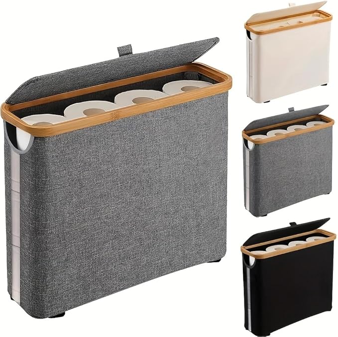 Toilet Paper Storage Basket, Oxford Cloth Papers Container with Lid, Medium Toilets Holder for Up to 12 Regular or 9 Mega Rolls, Organizer for Bathroom, Waterproof, Beige, 1 Pack (Grey)