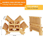 Bamboo Dish Drying Rack, 3-Tier Collapsible Wooden Dish Rack with Utensil Holder, Bamboo Dish Drainer Rack for Kitchen Counter 25pcs
