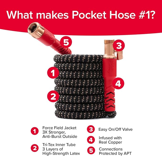 Pocket Hose 100 FT Copper Head Expandable Garden Hose with Pocket Pivot, No Tangles, AS SEEN ON TV, 360° Swivel, Tri-Tex Tubing, Force Field Jacket, Lead-Free, No-Kink, Anti-Burst w/APT
