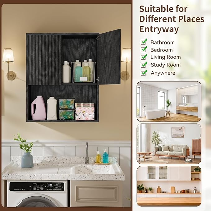 Fluted Bathroom Wall Cabinet Over the Toilet Storage,Wall Mounted Cabinet with Adjustable Shelf,Floating Cabinet Organizer Hanging Cabinet,Kitchen and Laundry Room Cabinets (Black, 1 PC)