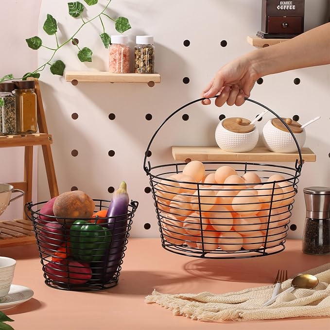 Colorful Metal Mesh Wire Egg Collecting Basket with Handle Portable Garden Vegetable Fruit Storage Lightweight Hanging Collector for Farmhouse Gathering Kitchen Picnic (Black, Normal - 8")