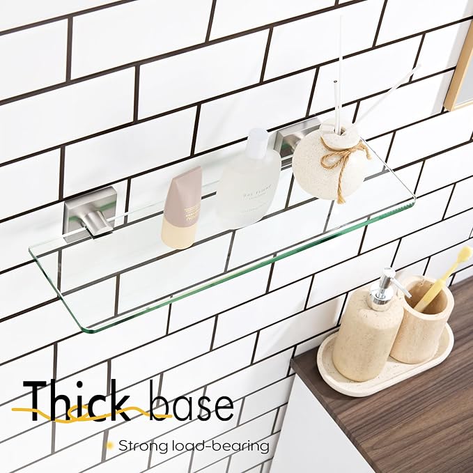 KOKOSIRI Glass Shelf for Bathrooms Floating Shelves Wall Mount 16-Inch for Shower Storage Kitchen Rack, 2 Pack Brushed Stainless Steel B1107BR-L16-P2