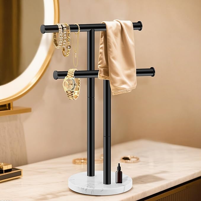 Hand Towel Holder for Bathroom Countertop, 17 Inch Tall T-Shape 2 Tier Towel Rack Stand with Heavy Marble Base, Free Standing Rustproof Double Tiered Kitchen Towel Drying Organizer, Black, YOFIVI