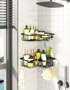 HapiRm Corner Shower Caddy with Shampoo Holder, 2-Pack Shower Organizer Shower Storage Shelf with 11 Hooks, No Drilling Rust Proof Stainless Steel Corner Shower Shelf with 6 Pack Adhesives (Black)