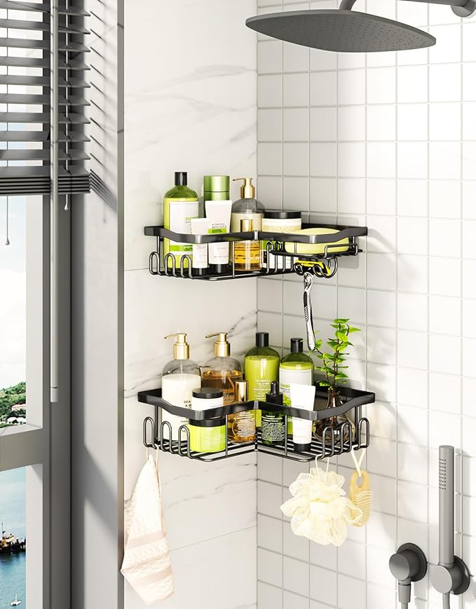 HapiRm Corner Shower Caddy with Shampoo Holder, 2-Pack Shower Organizer Shower Storage Shelf with 11 Hooks, No Drilling Rust Proof Stainless Steel Corner Shower Shelf with 6 Pack Adhesives (Black)