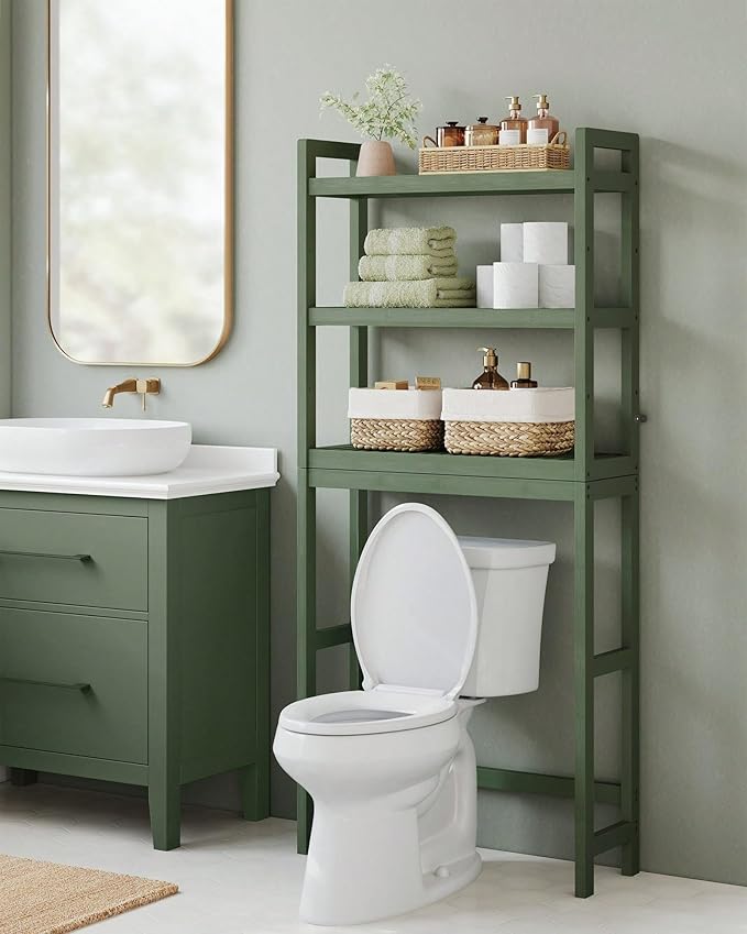 Over the Toilet Storage, 3-Tier Bamboo Bathroom Organizer with Adjustable Shelf, Space-Saving Rack, 66.9" Tall (Green)