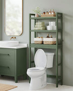 Over the Toilet Storage, 3-Tier Bamboo Bathroom Organizer with Adjustable Shelf, Space-Saving Rack, 66.9" Tall (Green)