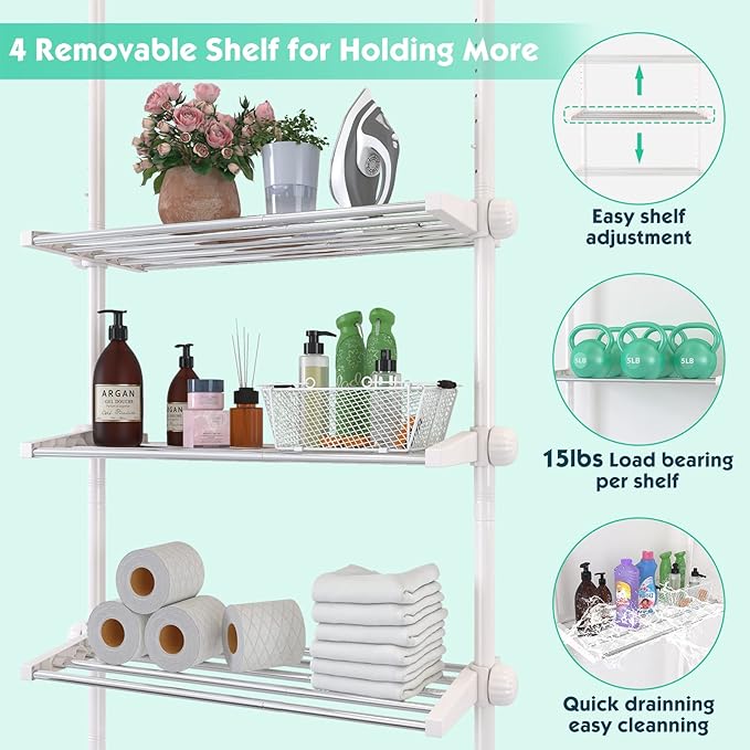 Lilyvane Over-The-Toilet Storage:97 to116” Adjustable 4-Tier Bathroom Organizer, Over The Toilet Storage Shelf for Small Rooms,Narrow Cabinet,Space Saving Bathroom Organizer, Stainless Steel