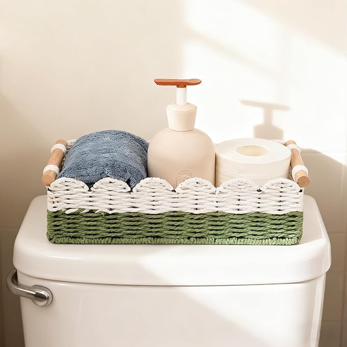 Scalloped Edge Toilet Paper Storage Basket for Bathroom Decor,Handwoven Small Paper Rope Tank Basket for Over Toilet Storage Shelf, End Table,Shelves and More, with 2 Wooden Handle