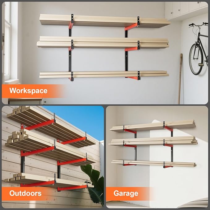 27" Lengthened Lumber Storage Rack, 6-Hole Adjustable Wall Mount Wood Organizer Storage Metal Shelves for Garage (4 Pack)