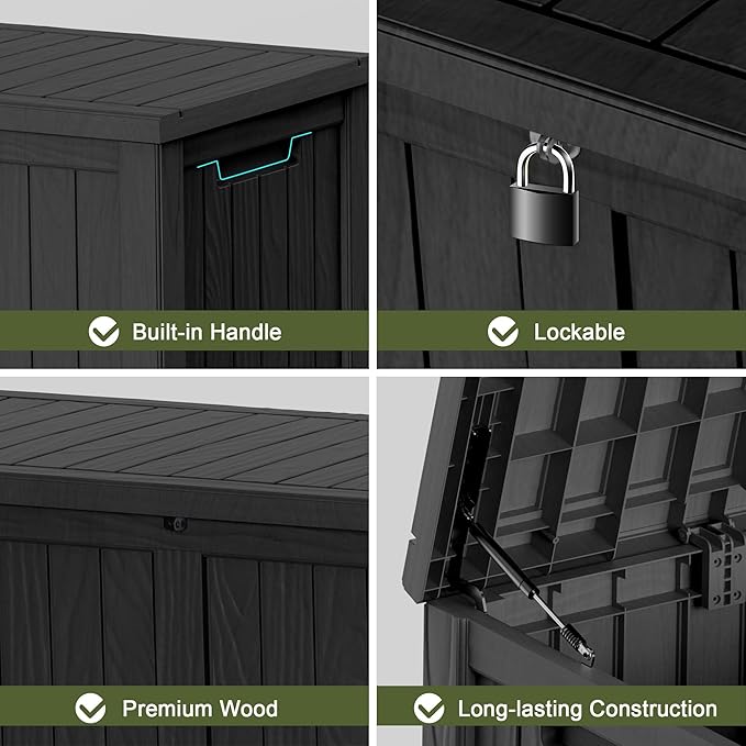 150 Gallon Outdoor Waterproof Resin Storage Deck Box Lockable Outside Bench UV Resistant Bin Patio Porch Furniture Pool Float Garden Tool Cushion Black