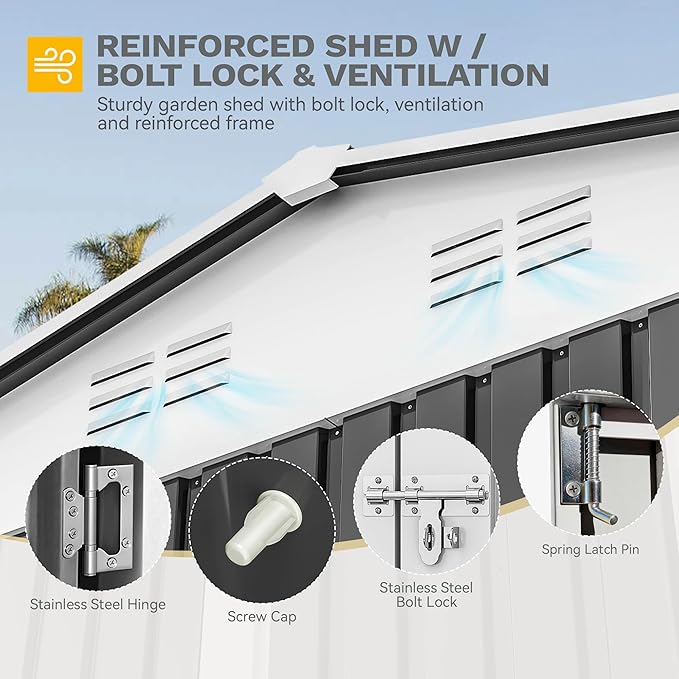 DWVO 10x10ft Large Tool Storage Shed with Window, Lockable Doors, and Sloped Roof, Oversized Steel Outdoor Storage Shed for Garden, Patio, Garage, Backyard, Lawn(Gray + White)