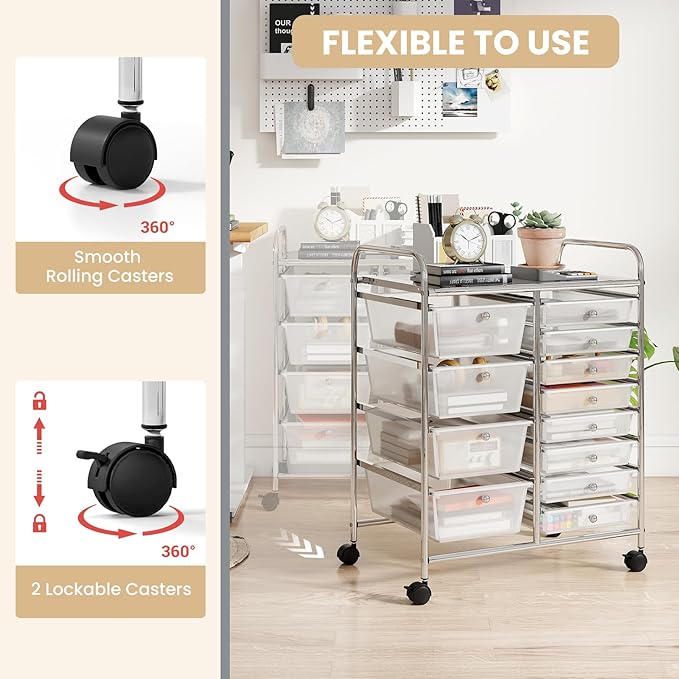 GOFLAME 12-Drawer Rolling Storage Cart, Craft Storage Cart with Removable Drawers & Lockable Wheels, Art Cart Supply Storage Organizer with Metal Frame for Home Office Classroom, Clear