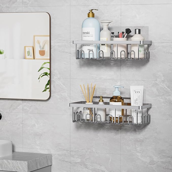 5-Pack Adhesive Shower Caddy, Rustproof Stainless Steel Organizer for Bathroom Storage with Large Capacity, No Drilling Bathroom Caddy with Soap Toothbrush Holder for Kitchen Home Silver