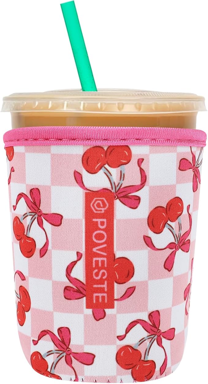 Reusable Neoprene Insulator Sleeve for Iced Coffee & Cold Soda, Coffee Sleeves for Iced & Hot Drinks, Cold Beverage Cooler Compatible with Starbucks, Dunkin (Bow&Cherry, Small: 16-18oz)
