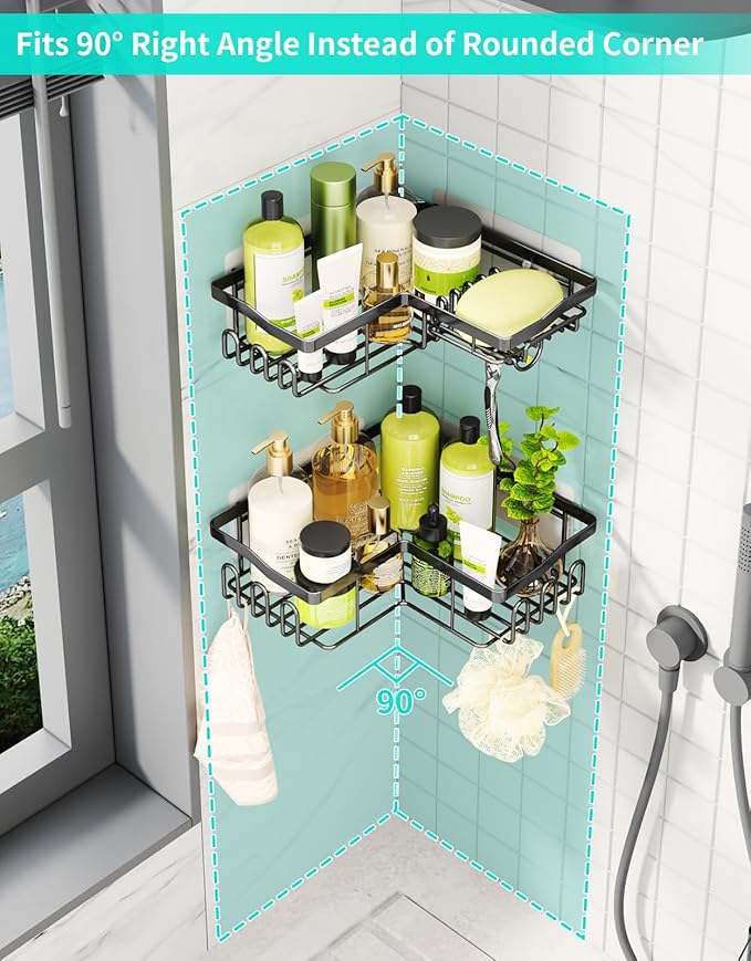 HapiRm Corner Shower Caddy with Shampoo Holder, 2-Pack Shower Organizer Shower Storage Shelf with 11 Hooks, No Drilling Rust Proof Stainless Steel Corner Shower Shelf with 6 Pack Adhesives (Black)