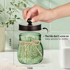 SheeChung Green Glass Qtip Holder Dispenser, Mason Jar Apothecary Jars with Lids, Bathroom Organizers and Storage, Vanity Countertop Canisters Set for Cotton Swab, Ball, Pad, Floss Pick-ORB, 2 Pack