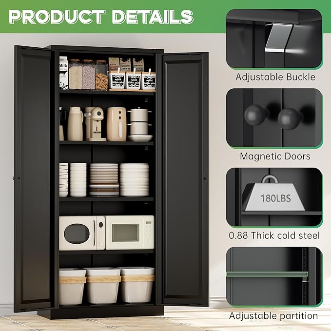 INTERGREAT Metal Storage Cabinet with Magnetic Doors, 63" H Traditional European Style Metal Cabinets with 2 Doors and 4 Adjustable Shelves for Home Office, Kitchen, Bathroom (Black)