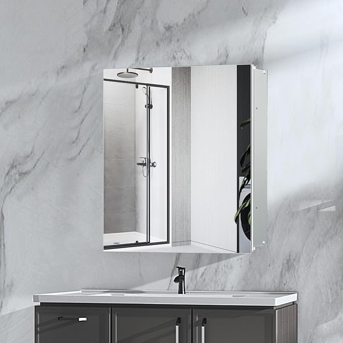 24x24 inch Medicine Cabinet Mirror with Storage, Aluminum Surface Mount or Recessed Medicine Cabinet with Adjustable Shelves for Bathroom Bedroom