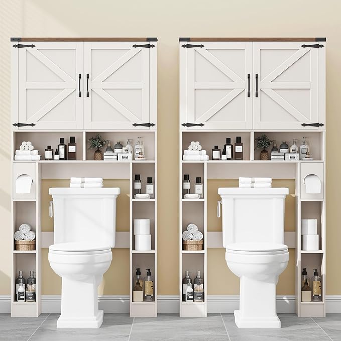 Vabches Over The Toilet Storage Cabinet, Farmhouse Storage Cabinet Over Toilet with 2 Barn Doors ，Toilet Paper Holder Stand，Home Space-Saving Toilet Rack, for Laundry, Restroom, Bathroom