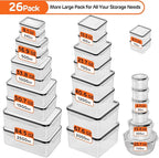 52 PCS Food Storage Container with Lid (26 Lids & 26 Containers) - Airtight Leakproof Plastic Kitchen Organization Set Reusable Microwave/Freezer/Dishwasher Safe Meal Prep Container with Label & Pen