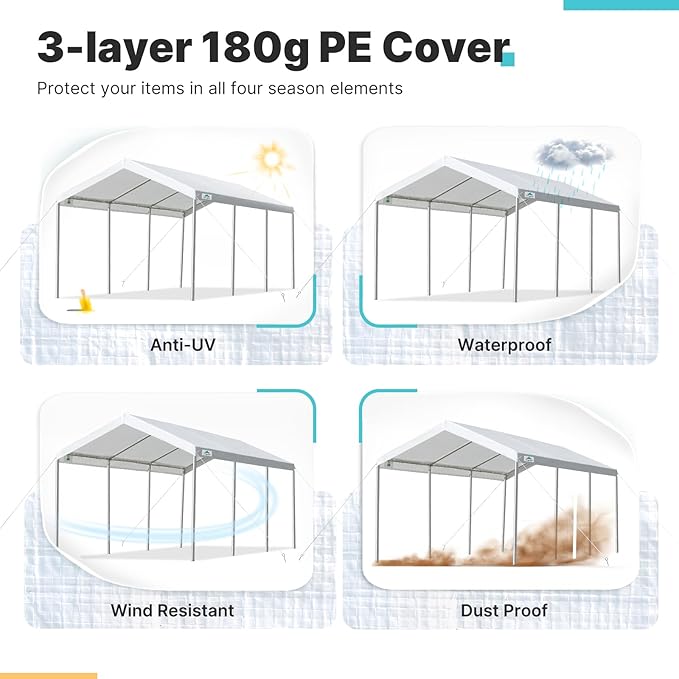 ADVANCE OUTDOOR 10x20 ft Heavy Duty Carport, Adjustable Height Garage Car Canopy Party Tent Boat Shelter, White